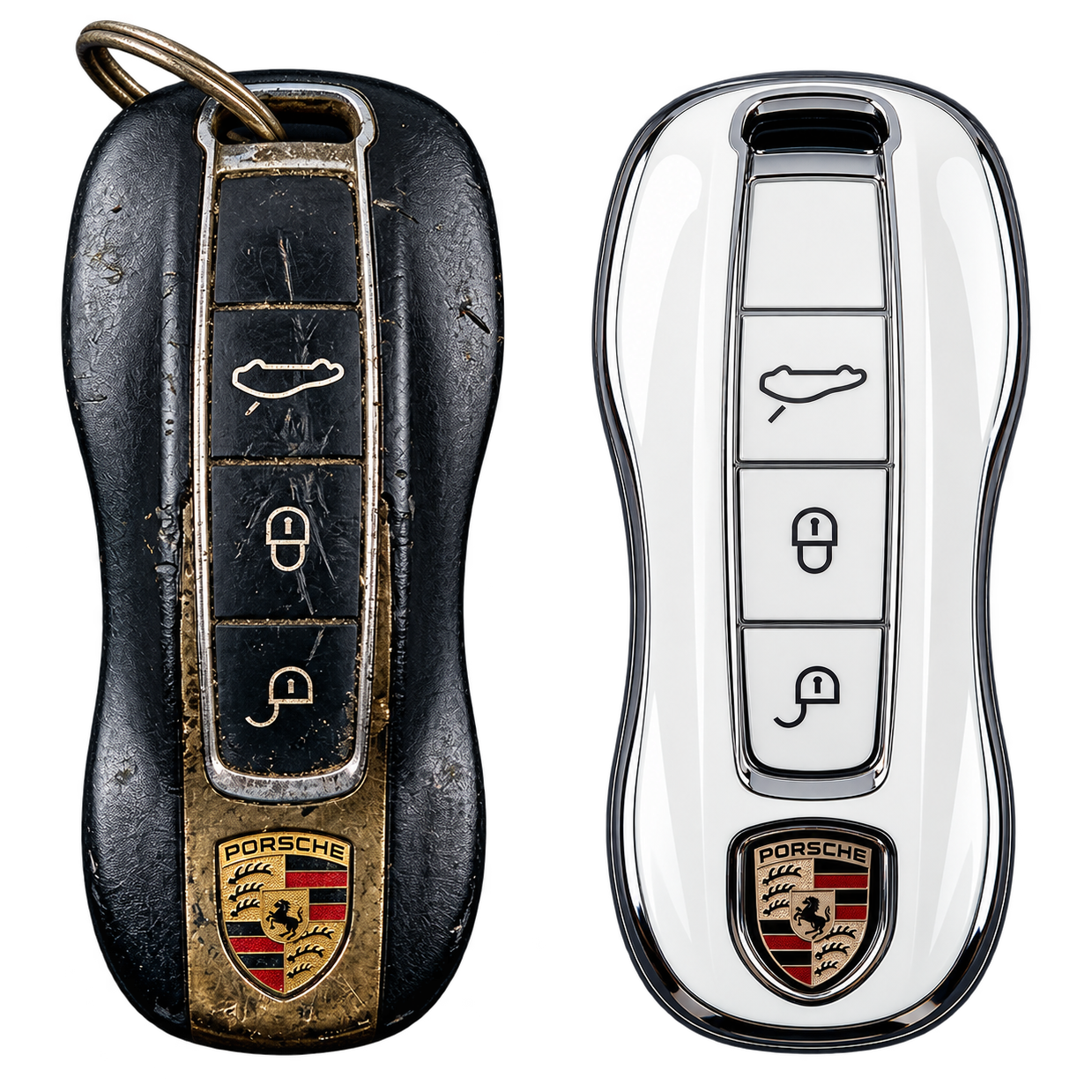 Antes e depois: chave Porsche desgastada ao lado da mesma chave com case KEYLUX branca e cromada